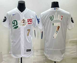 Mens Los Angeles Dodgers #7 Julio Urias Number White With Vin Scully Patch Flex Base Stitched Baseball Jersey